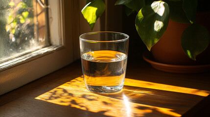 A glass of water casting a natural shadow symbolizing purity clarity and simplicity representing minimalism refreshment and the quiet elegance of everyday objects