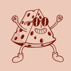Vintage Style Cartoon Cheese Illustration with Glasses. Perfect for retro food packaging, dairy product branding