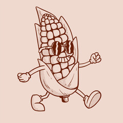 A fun cartoon illustration of corn designed in a vintage style. Perfect for retro food packaging, organic product labels