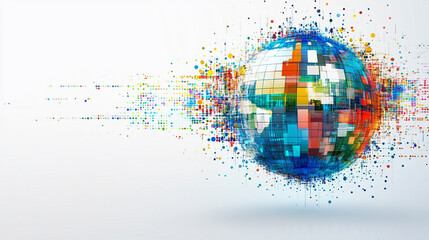Hyperrealistic abstract data globe floating in clean white space, symbolizing global connectivity, digital networks, and futuristic technology in a minimalist style.
