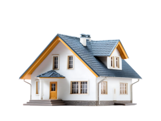 Beautiful new house isolated on transparent background with blue roof tiles