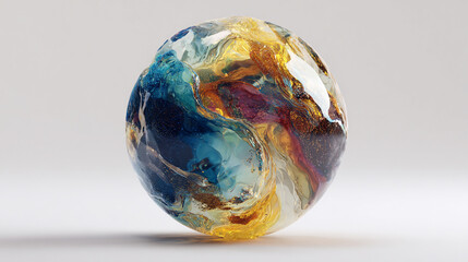 Hyperrealistic abstract data globe floating in clean white space, symbolizing global connectivity, digital networks, and futuristic technology in a minimalist style.
