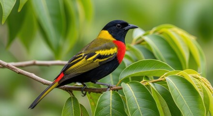 A Vibrant Colorful Bird With Black Yellow And Red Plumage Perched On A Branch Surrounded By Green Leaves In A Natural Environment