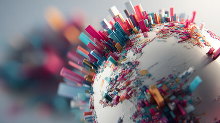 Hyperrealistic abstract data globe floating in clean white space, symbolizing global connectivity, digital networks, and futuristic technology in a minimalist style.
