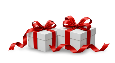 Premium of white gift box with red stream ribbon bow for decoration advertising design. Top shop, advertising