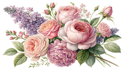 Watercolor Floral Bouquet with Roses and Lilacs Elegant Design for Invitations and Romantic Decor