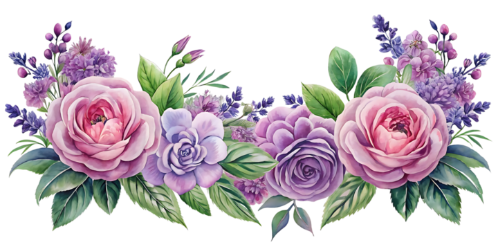 Watercolor Floral Arrangement featuring Roses and Lavender with Green Leaves and Elegant Design on a Black Background
