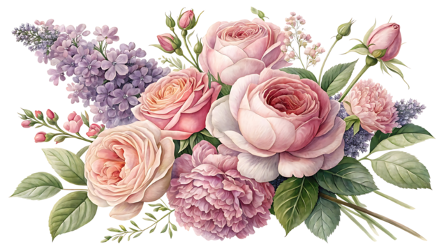 Watercolor Floral Bouquet with Roses and Lilacs Elegant Design for Invitations and Romantic Decor