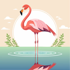 Stylized flat vector of a flamingo standing in water, reflection on surface, minimalist, warm pastel color scheme