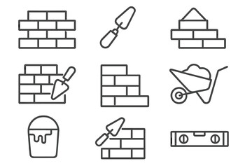 Construction icons set for bricklaying and masonry. Vector thin line symbols of a brick wall, trowel, cement, wheelbarrow, and builder tools. Editable stroke for web design.
