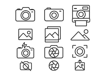 Photography line icon set. Camera, photo, picture gallery, instant print, and flash icons. Editable stroke vector symbols for web design, apps, and user interface design.