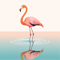 Stylized flat vector of a flamingo standing in water, reflection on surface, minimalist, warm pastel color scheme