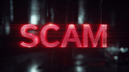 A bold, glowing red 'SCAM' sign shines against a dark background, highlighting the urgency of avoiding fraudulent activities.