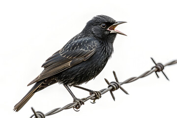 Black Starling Bird Singing on Barbed Wire Isolated on White Background.
