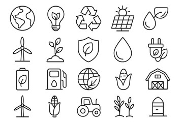 Ecology and green energy icon set. Sustainable agriculture, farming, and renewable resource concepts. Eco-friendly power, environment, and conservation vector outline symbols.