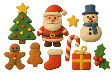 Christmas elements set in naive clay style. Handmade childish xmas knick-knacks collection. Isolated vintage 3D vector cartoon illustration with Santa, snowman and tree.