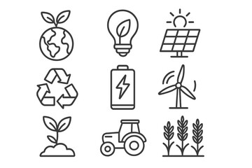 Ecology, green energy and agriculture icon set. Outline icons for sustainability, farming, and renewable power. Includes solar panel, wind turbine, recycling, and tractor symbols.