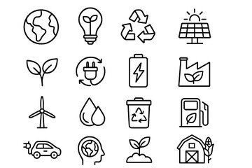 Ecology and green energy line icon set. Sustainability, environment, and recycling symbols. Renewable resources, electric transport, and agriculture vector pictograms collection.