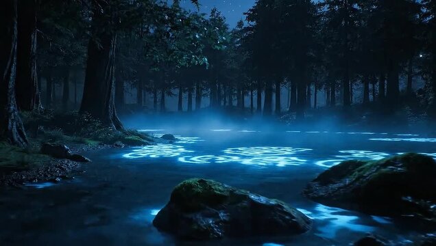 Enchanted Forest Stream with Glowing Blue Symbols at Night, Mystical Woodland Scene.