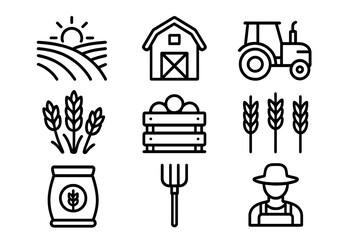 Farm and agriculture outline icon set. Farmer, tractor, barn, harvest symbols. Rural cultivation vector collection. Field, wheat, crop, food production concept illustration.