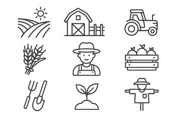 Agriculture and farming outline icon set. Rural life collection with farmer, barn, tractor, field, and harvest symbols. Organic food, crop, wheat, plant vector illustration.