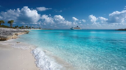 Fototapeta premium Turquoise Ocean Meets Sandy Beach Under a Blue Sky with Clouds and a Distant Ship.
