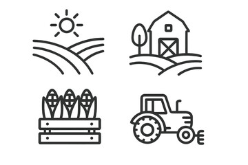 Agriculture and farming line icon set. Farm, harvest, and field symbols. Vector collection with tractor, barn, corn crop, and sun. Rural countryside landscape concept.