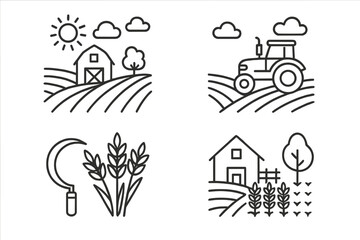 Farm and agriculture simple line icon collection. Vector symbols of farming, harvest, field, rural landscape. Includes tractor, barn, wheat, crops. Editable stroke outline.