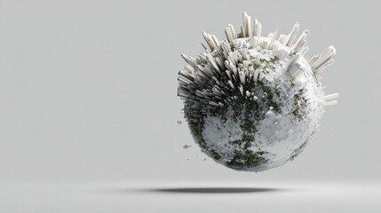 Hyperrealistic abstract data globe floating in clean white space, symbolizing global connectivity, digital networks, and futuristic technology in a minimalist style.
