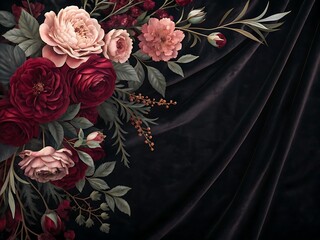 Elegant Floral Arrangement on Dark Velvet Background Featuring Roses and Delicate Foliage for Sophisticated Designs