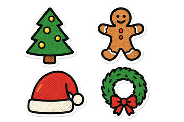 Fototapeta premium Christmas sticker set. Halftone paper collage elements. Vector illustration. Xmas tree, gingerbread man, Santa hat, fir wreath. Holiday decoration icons. New Year graphic design.