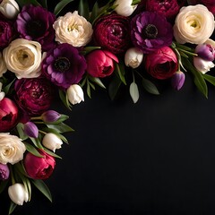 Elegant floral arrangement with ranunculus tulips and anemones on a dark background creating a sophisticated border