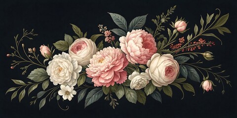 Elegant floral arrangement with peonies and roses on a dark background for beautiful design and decoration elements