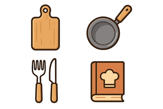 Kitchen and cooking colorful icon set. Vector graphic bundle of cooking utensils. Includes cutting board, frying pan, cutlery and cookbook for restaurant, app or web design.