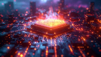 Glowing central processing unit on a futuristic circuit board design