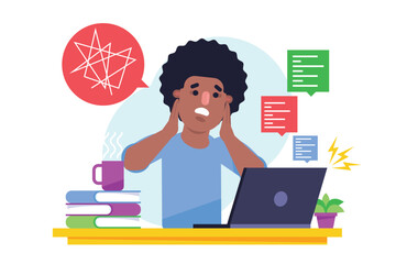 Flat design illustration of overwhelmed people in a chaotic environment