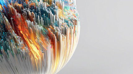 Hyperrealistic abstract data globe floating in clean white space, symbolizing global connectivity, digital networks, and futuristic technology in a minimalist style.
