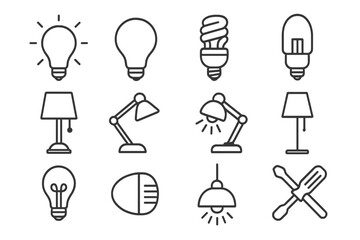 Simple Isolated Lightbulbs and Lamps Line Icons Collection, Editable Stroke, Vector Cartoon Illustration for Websites, Books, Cards, Apps with Transparent Background