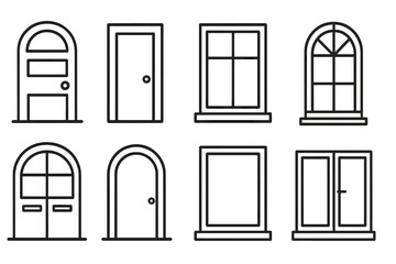 Line Icon Set of Exterior Doors and Windows, Vector Cartoon Illustrations for Cards, Posts, Apps, Websites Design, Modern Door Frames, Window Styles, Architecture Elements