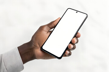 Hand Holding Smartphone with Blank White Screen Mockup.
