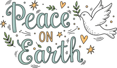 Obraz premium Peace on earth lettering with dove, stars, hearts, and olive branch illustration on transparent background