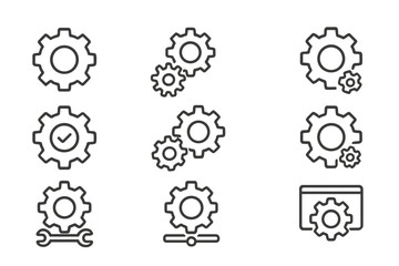Modern Mechanism and Settings Line Icon Collection for Web Design, Apps, UI, and Digital Interfaces. Linear Gear Icons, Vector Cartoon Illustrations of Gears, Tools, and Configuration Symbols.