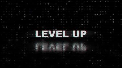Level up design in glitchy digital display style. Suitable for gaming websites, tech blogs, social media posts, and digital marketing. - Powered by Adobe