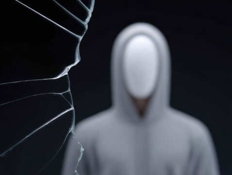 Faceless person in hoodie stands behind broken glass, creating mysterious and eerie atmosphere with dark background