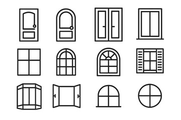 Minimalistic linear exterior illustrations with doors and windows icons for design, cards, posts, apps, websites, architecture, home decor, building elements vector cartoon set