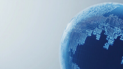 Hyperrealistic abstract data globe floating in clean white space, symbolizing global connectivity, digital networks, and futuristic technology in a minimalist style.
