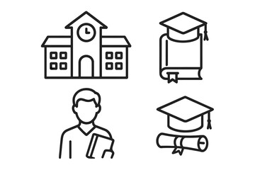 School building with clock, student holding book, graduation cap on book and diploma, university education icons collection, outline linear style, academic learning symbols for web, cards, apps