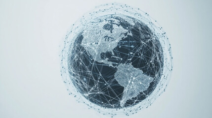 Hyperrealistic abstract data globe floating in clean white space, symbolizing global connectivity, digital networks, and futuristic technology in a minimalist style.
