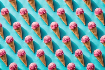 Delicious Pink Ice Cream Cones in a Repeating Pattern on a Bright Blue Background for Summer