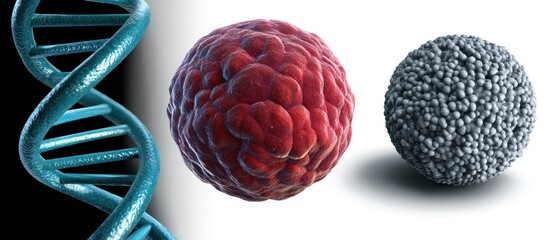 DNA cell forensic concept. DNA strands and microscopic cells depicted in a scientific illustration.